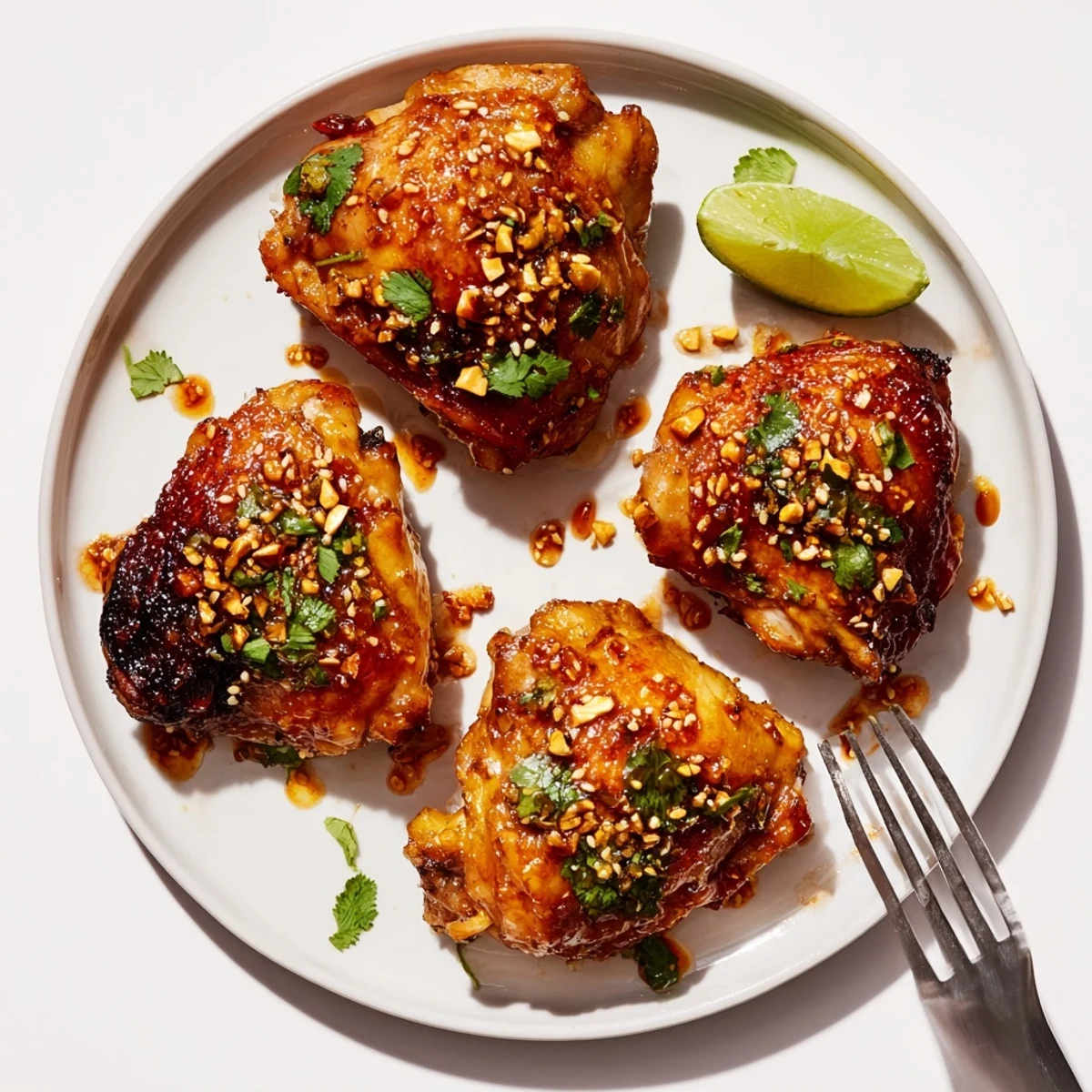 Golden brown sweet chili air fryer chicken thighs plated on white rice with fresh lime wedges nearby