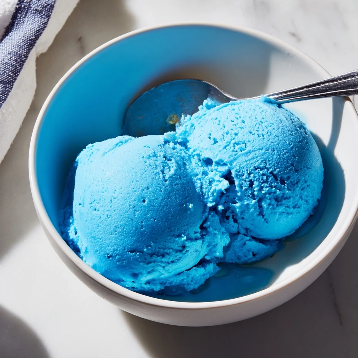 Creamy Blue Moon ice cream scooped into a crispy waffle cone with rainbow sprinkles