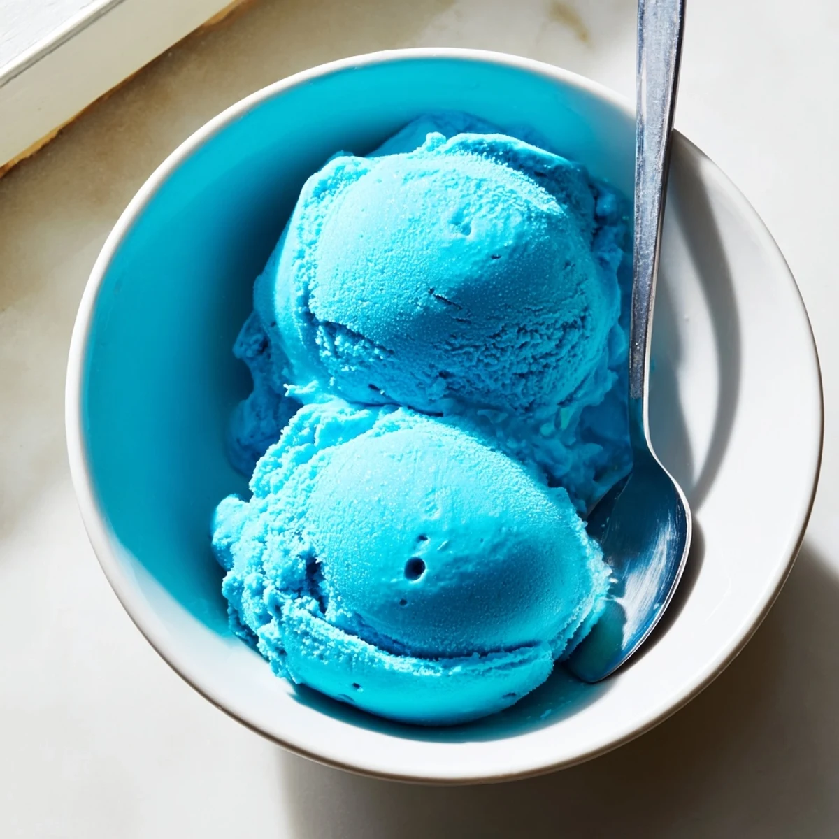 Bright blue Moon ice cream swirling smoothly in a freshly churned batch