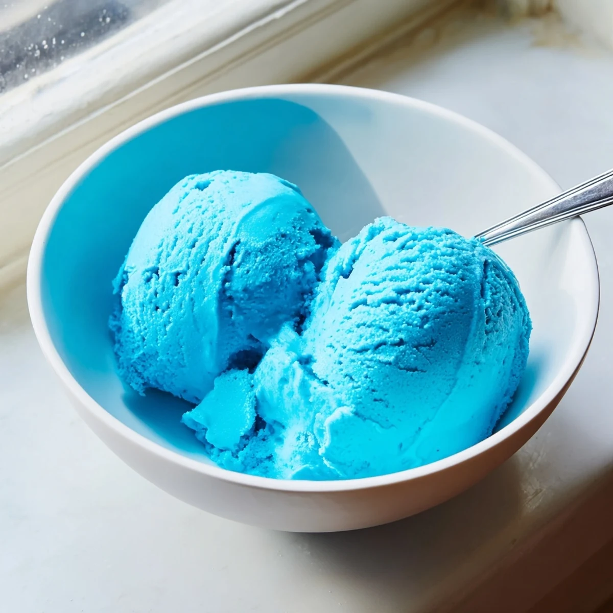 Vibrant Blue Moon ice cream served in a bowl topped with colorful sprinkles