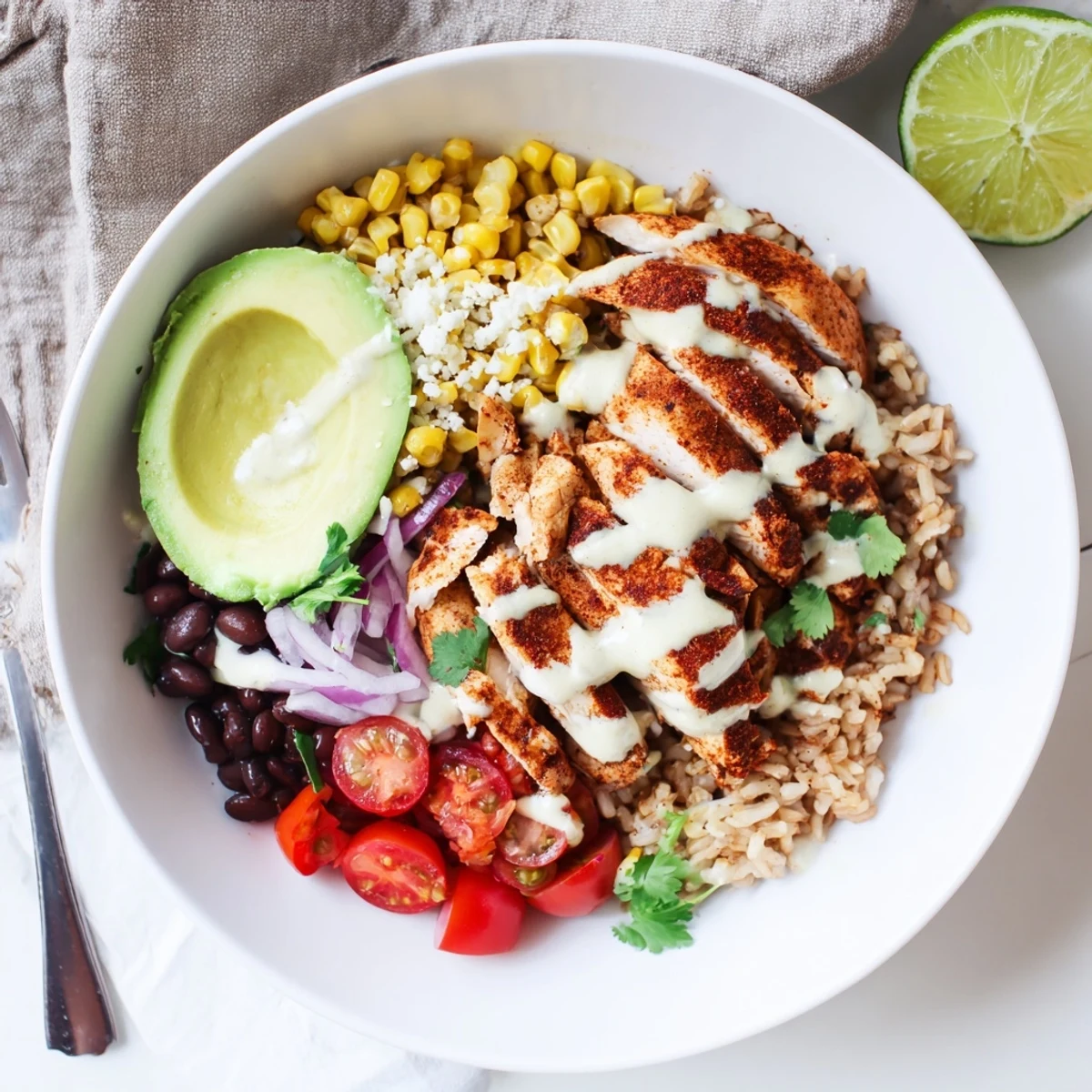 Grilled chicken street corn bowl topped with avocado, black beans, and tangy drizzle