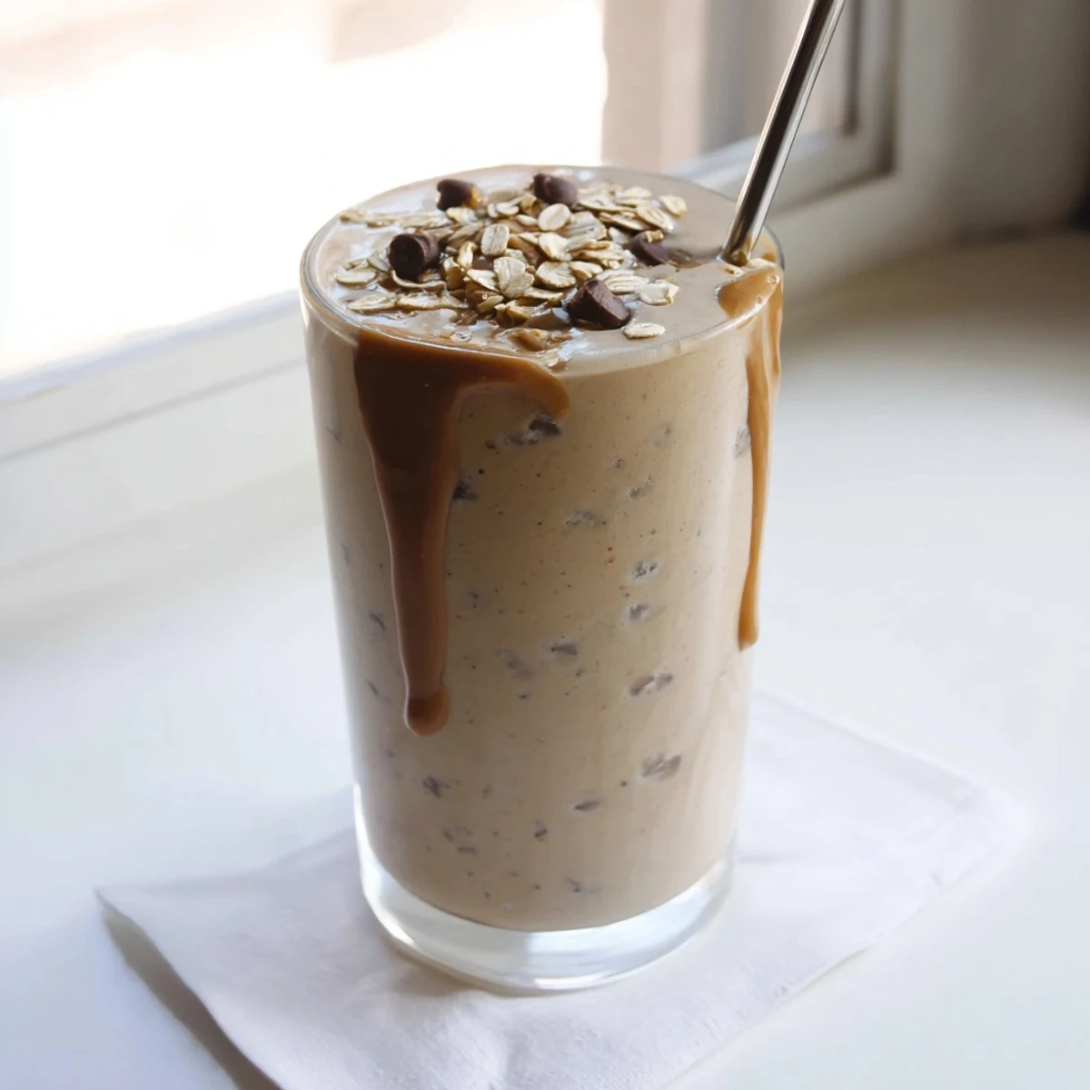 Thick oatmeal cookie dough protein smoothie topped with mini chocolate chips in a glass jar