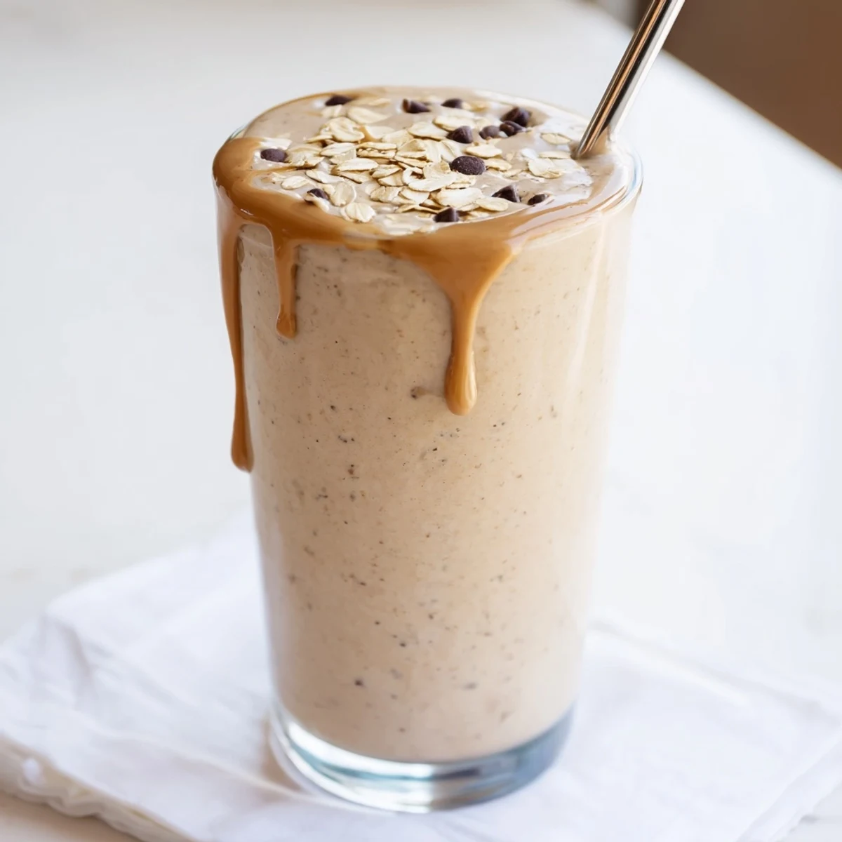 Chilled oatmeal cookie dough protein smoothie poured into two mason jars with straw