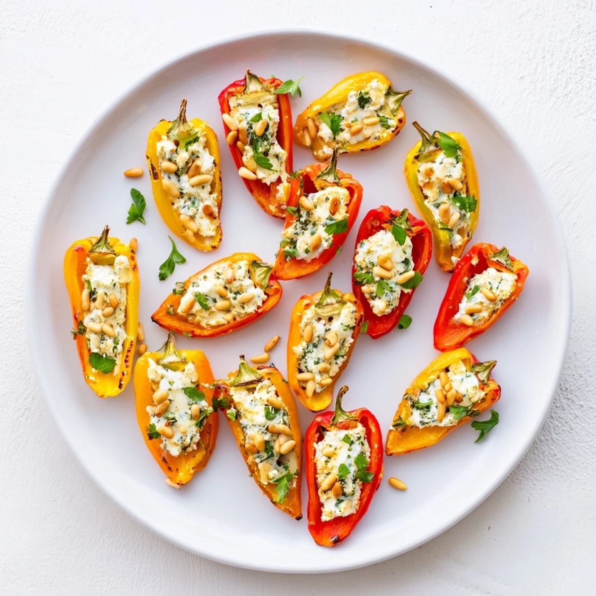 Creamy goat cheese stuffed mini peppers roasted until tender and served warm as an appetizer