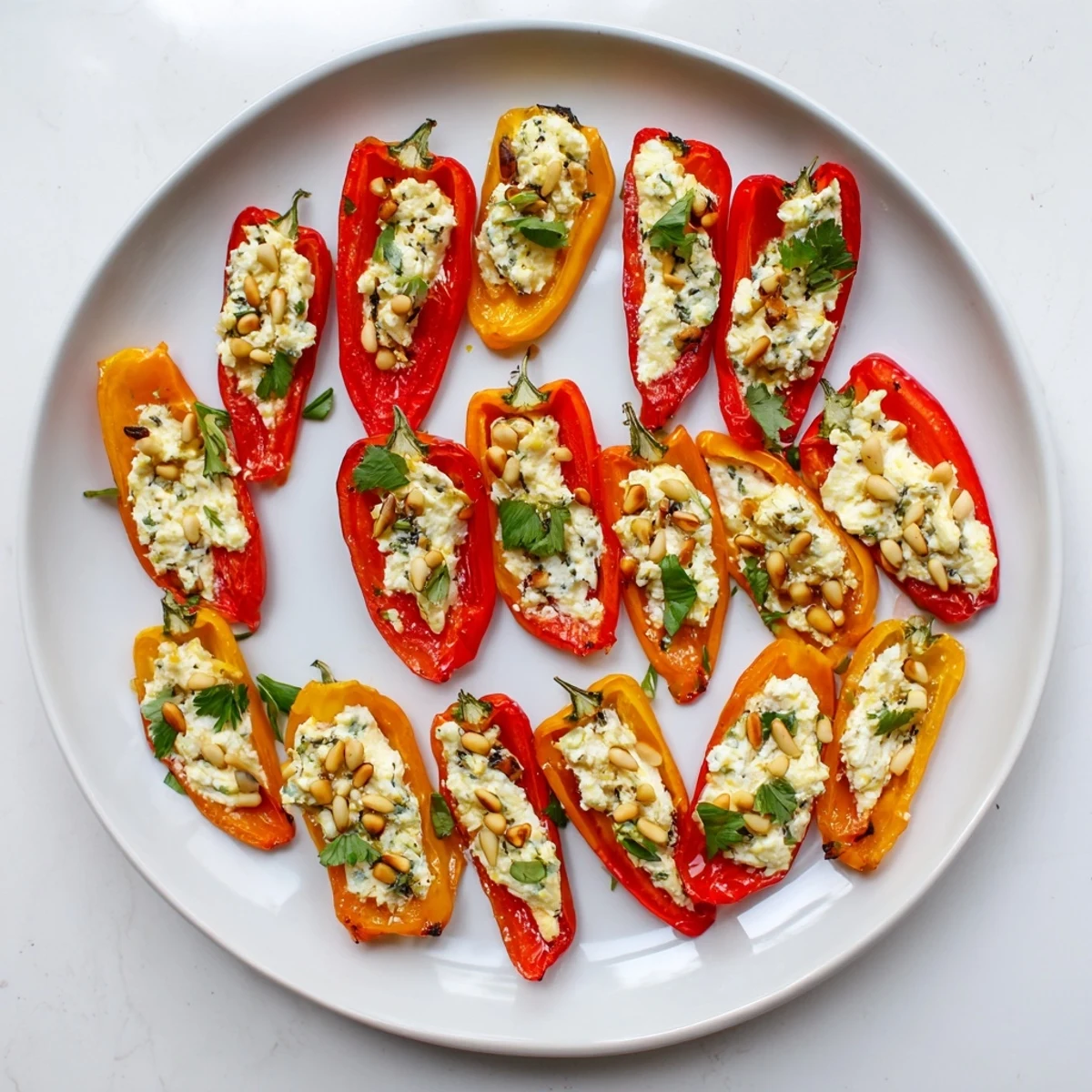 Golden roasted goat cheese stuffed mini peppers garnished with fresh herbs on a rustic baking sheet