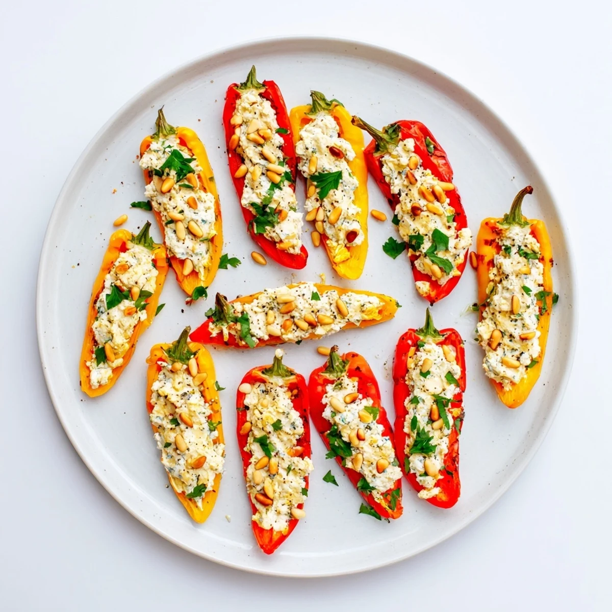 Vibrant sweet mini peppers overflowing with herbed goat cheese fresh from the oven ready to serve