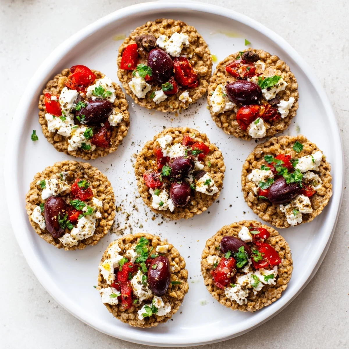 Crispy Cretan feta rusks topped with juicy tomatoes, crumbled feta, and kalamata olives on a rustic plate