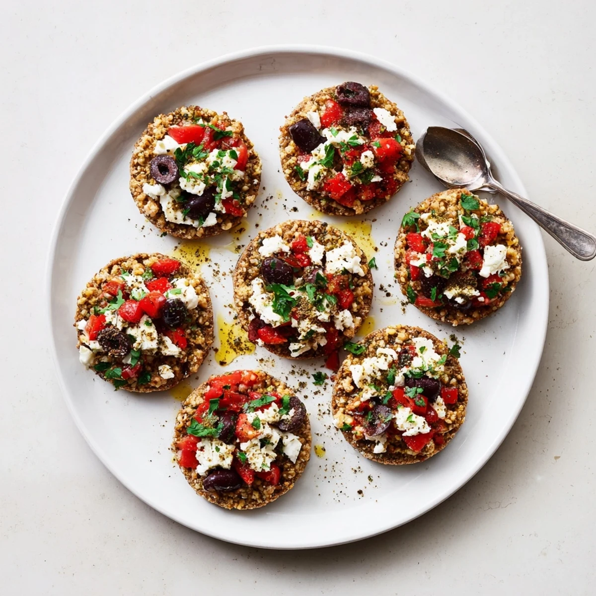 Golden Cretan feta rusks drizzled with olive oil and sprinkled with fragrant oregano and fresh herbs