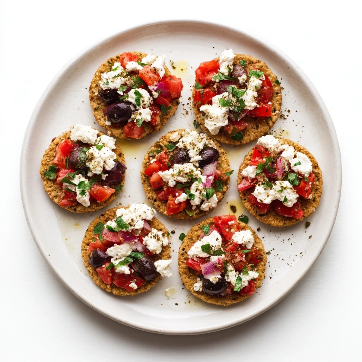 Crunchy Cretan feta rusks arranged on a mezze platter beside briny olives, capers, and diced ripe tomatoes
