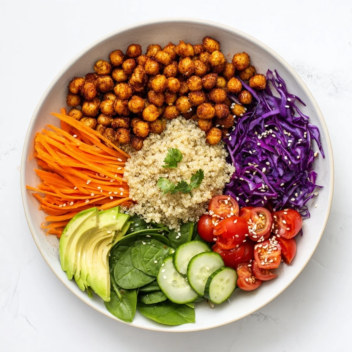 Colorful Buddha Bowl with roasted chickpeas, fresh avocado, and vibrant rainbow vegetables