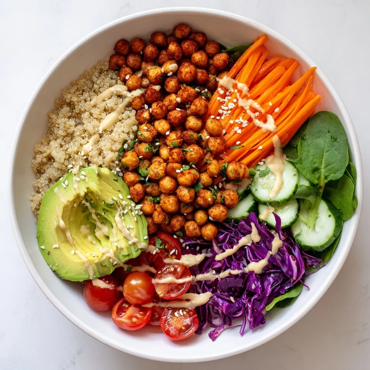 Hearty Buddha Bowl featuring fluffy quinoa, crunchy slaw, and drizzled tahini sauce