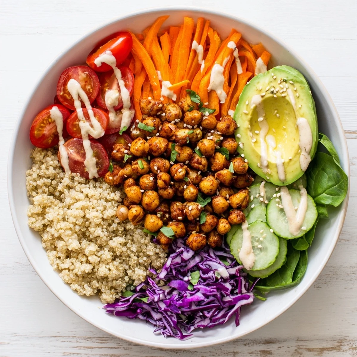 Buddha Bowl topped with crispy spiced chickpeas, creamy tahini dressing, and shredded vegetables