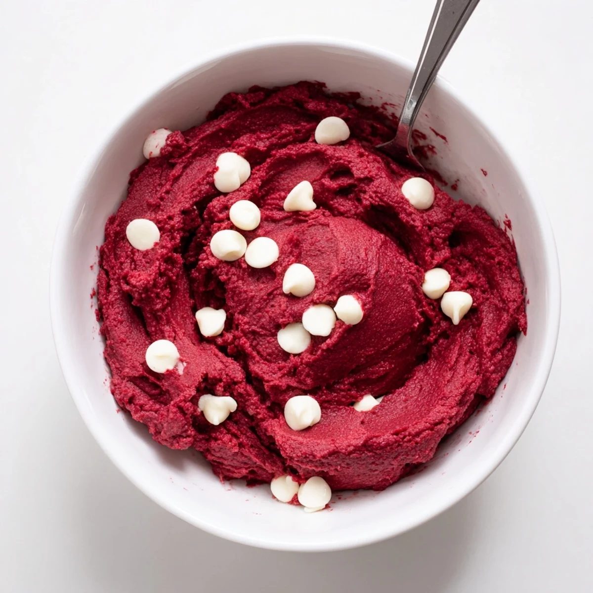 Bright red edible red velvet cookie dough scooped into bite-sized dessert balls