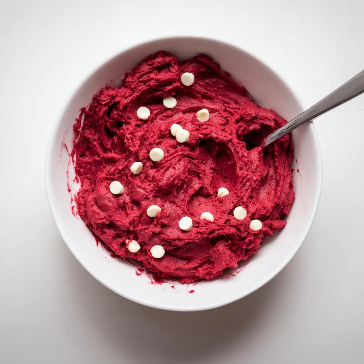Creamy edible red velvet cookie dough studded with white chocolate chips in a bowl