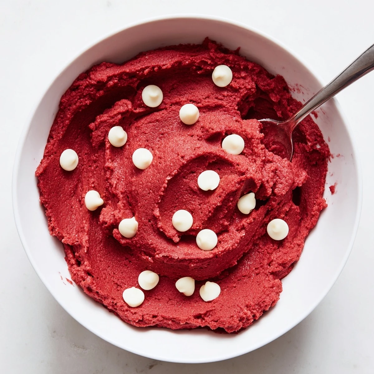 Smooth edible red velvet cookie dough served in rustic ceramic dish with sprinkles