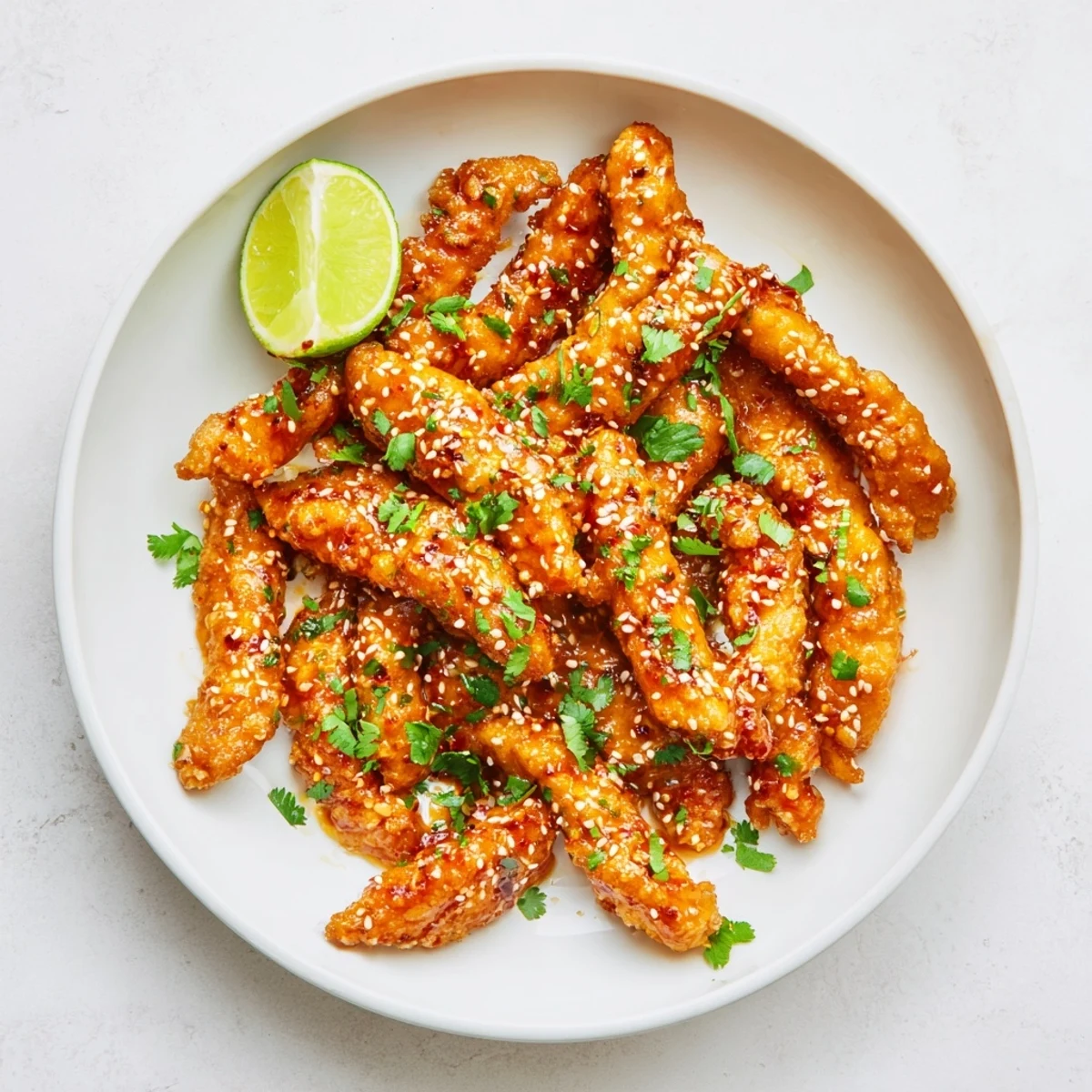Crispy baked Thai Sticky Chicken Fingers glistening with sweet chili glaze and sprinkled sesame seeds