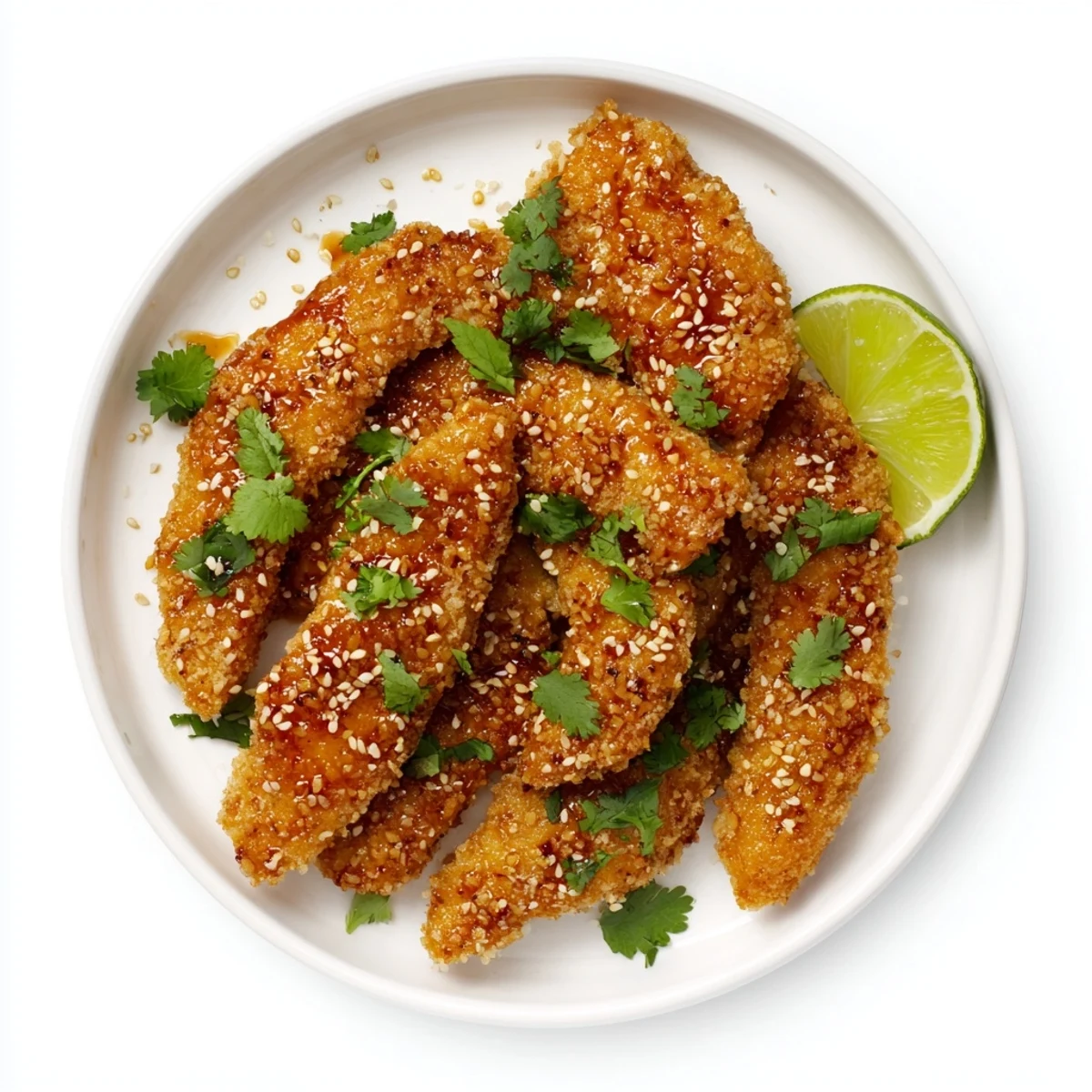 Golden panko-crusted Thai Sticky Chicken Fingers drizzled in tangy spicy sauce on a white platter