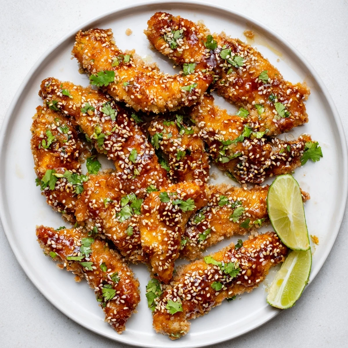 Tender Thai Sticky Chicken Fingers coated in glossy sweet-and-spicy sauce served with fresh lime wedges