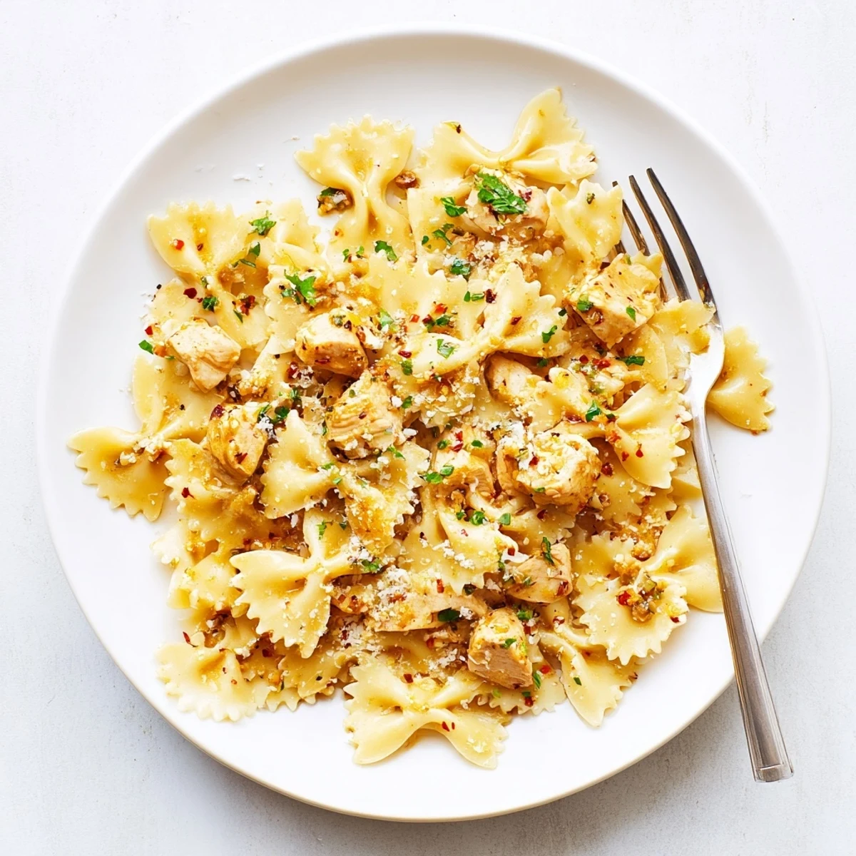Golden seared chicken and bowtie pasta coated in Cowboy Butter Lemon sauce with fresh herbs