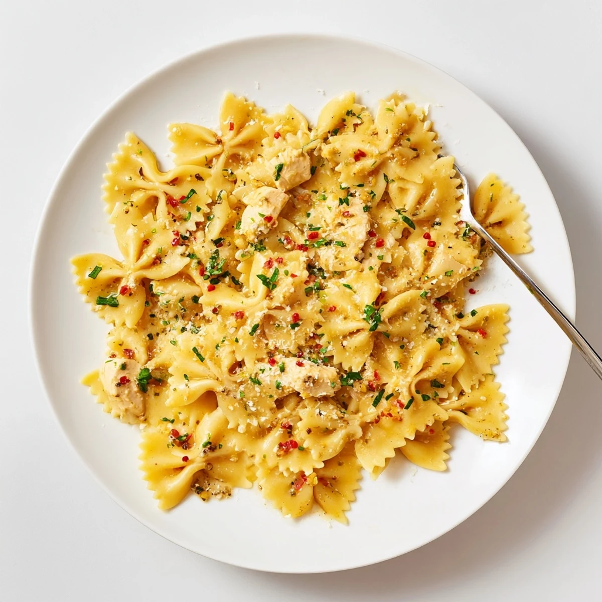 Creamy Cowboy Butter Lemon Bowtie Chicken served in a rustic skillet with melted Parmesan