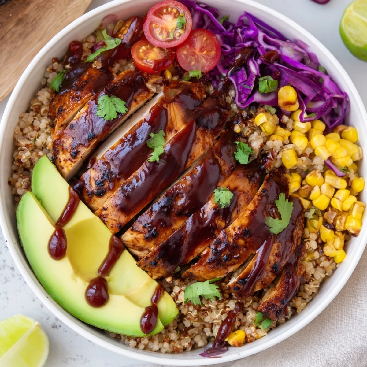Smoky barbecue chicken grain bowl topped with fresh avocado and colorful vegetables