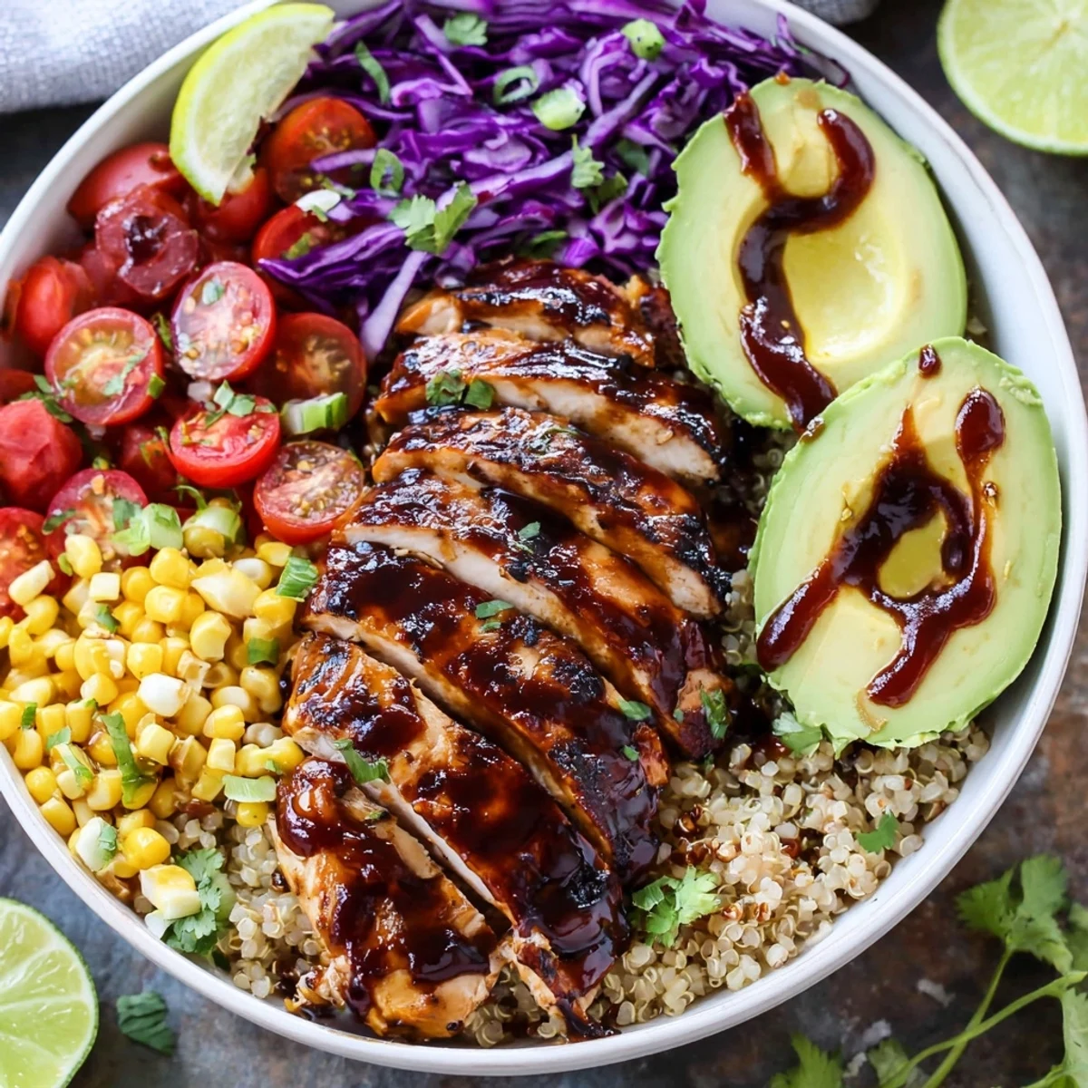 Barbecue chicken grain bowl with tender glazed chicken over nutty quinoa and corn