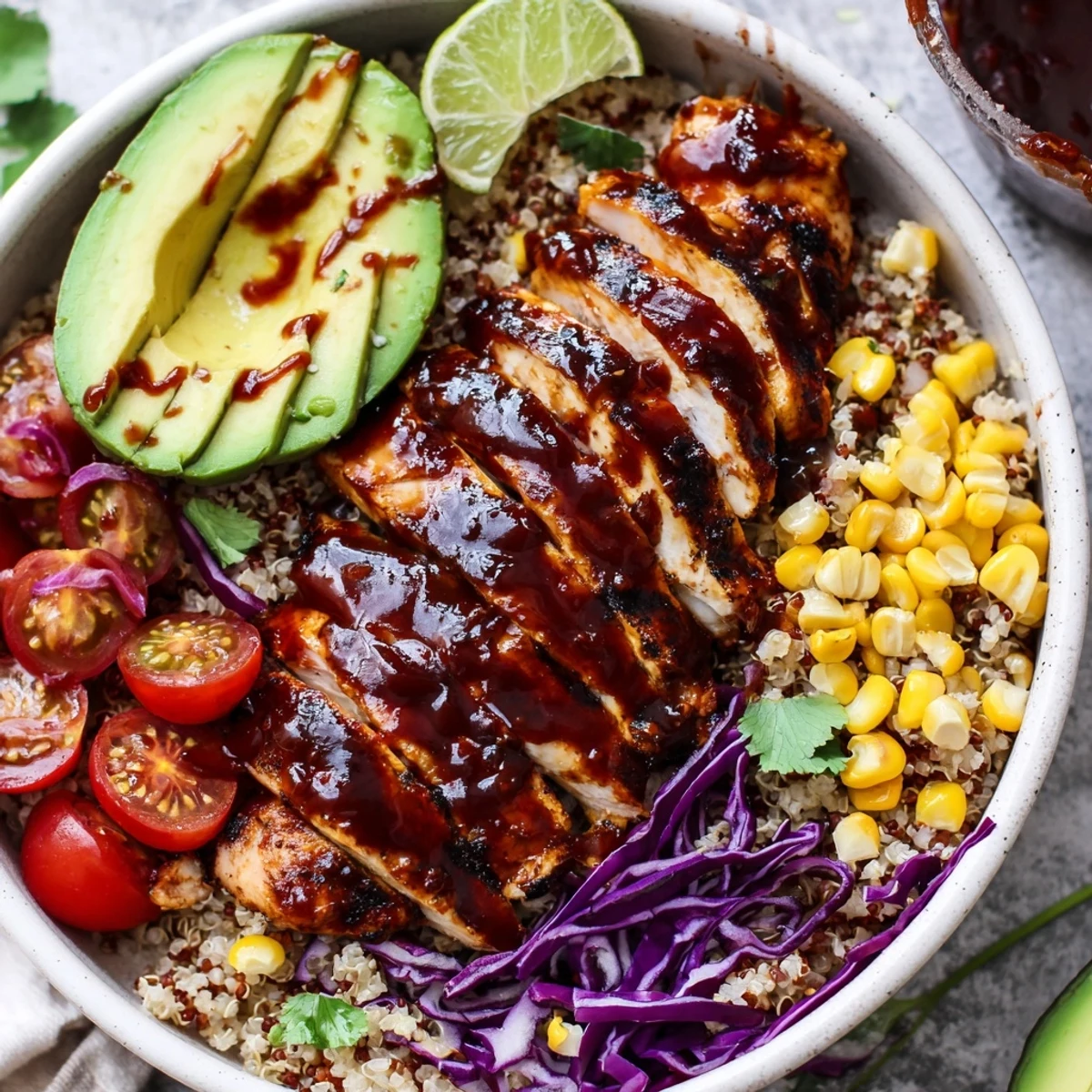Juicy sliced barbecue chicken grain bowl drizzled with sauce and bright cilantro garnish