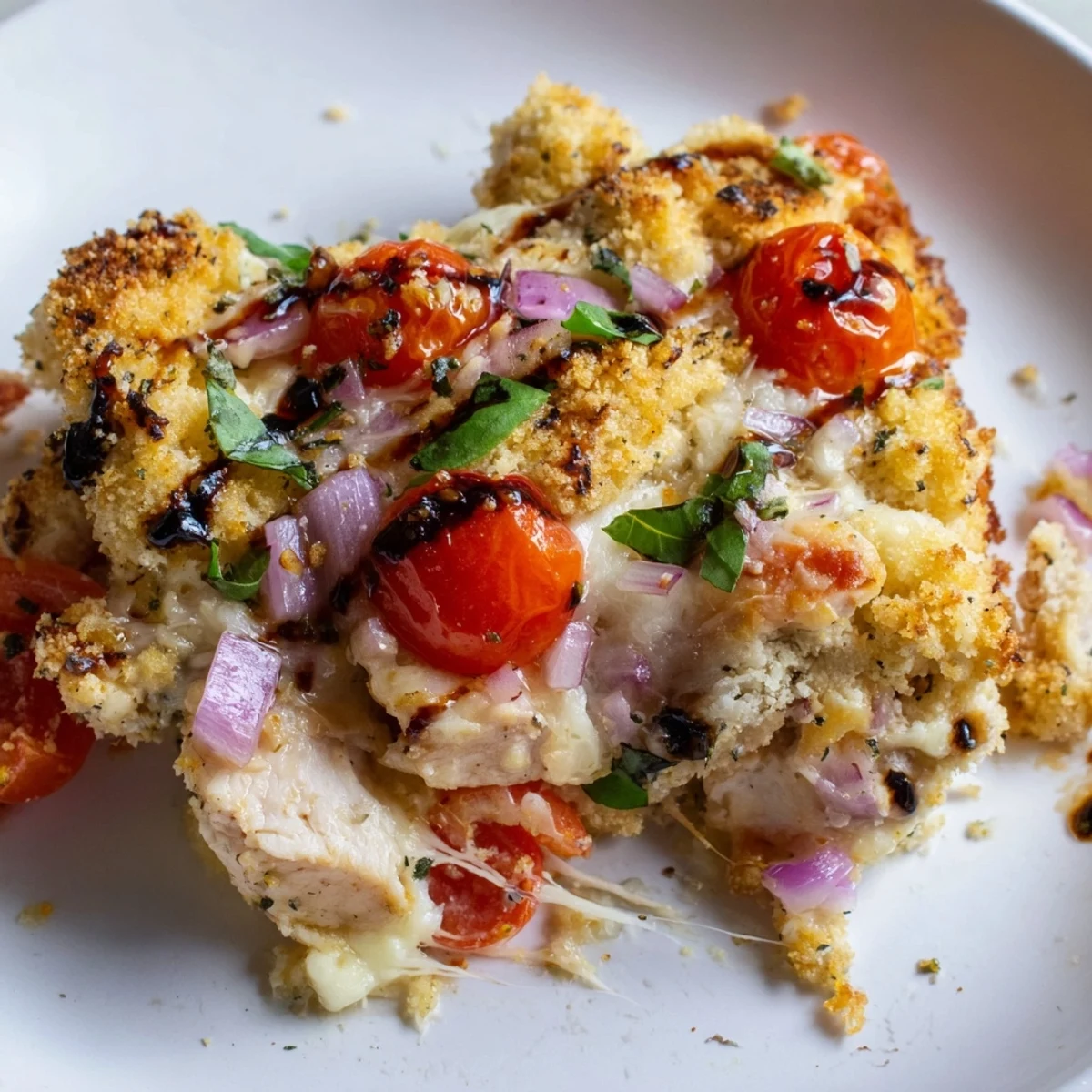 Golden baked chicken bruschetta casserole topped with melted mozzarella and fresh tomatoes