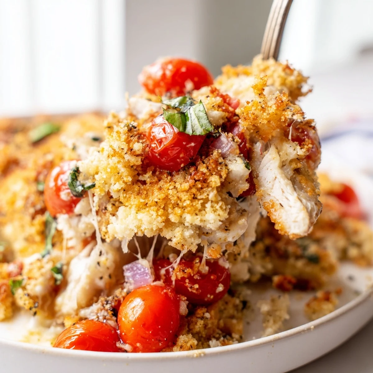 Juicy Italian seasoned chicken bruschetta casserole with crunchy breadcrumb and Parmesan topping