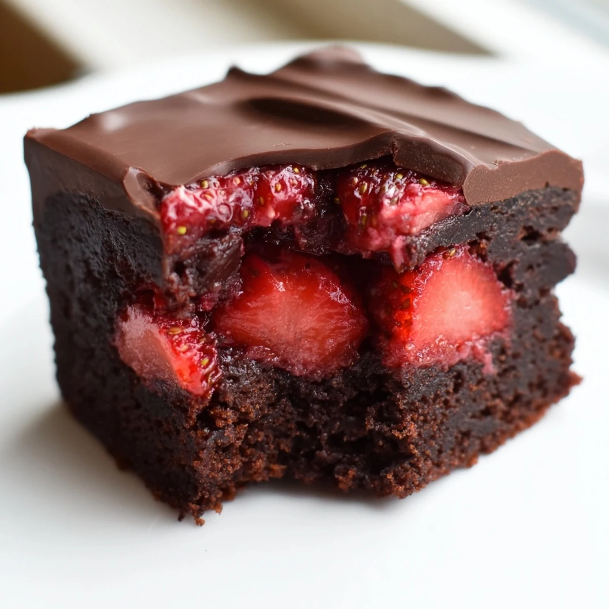 Chocolate Covered Strawberry Brownies with glossy ganache drizzle over fresh ripe berries
