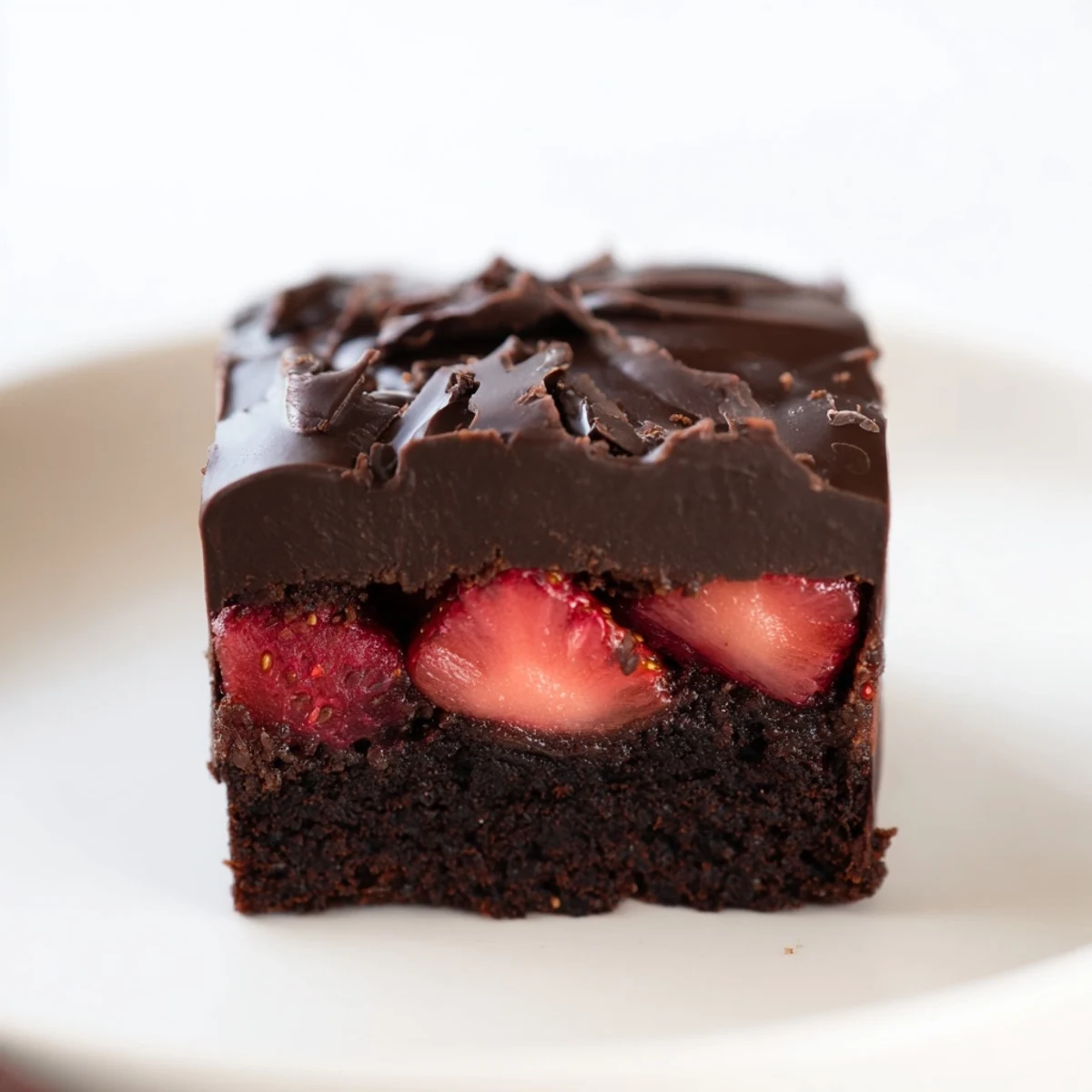 Fudgy Chocolate Covered Strawberry Brownies sliced into squares atop a rustic cutting board