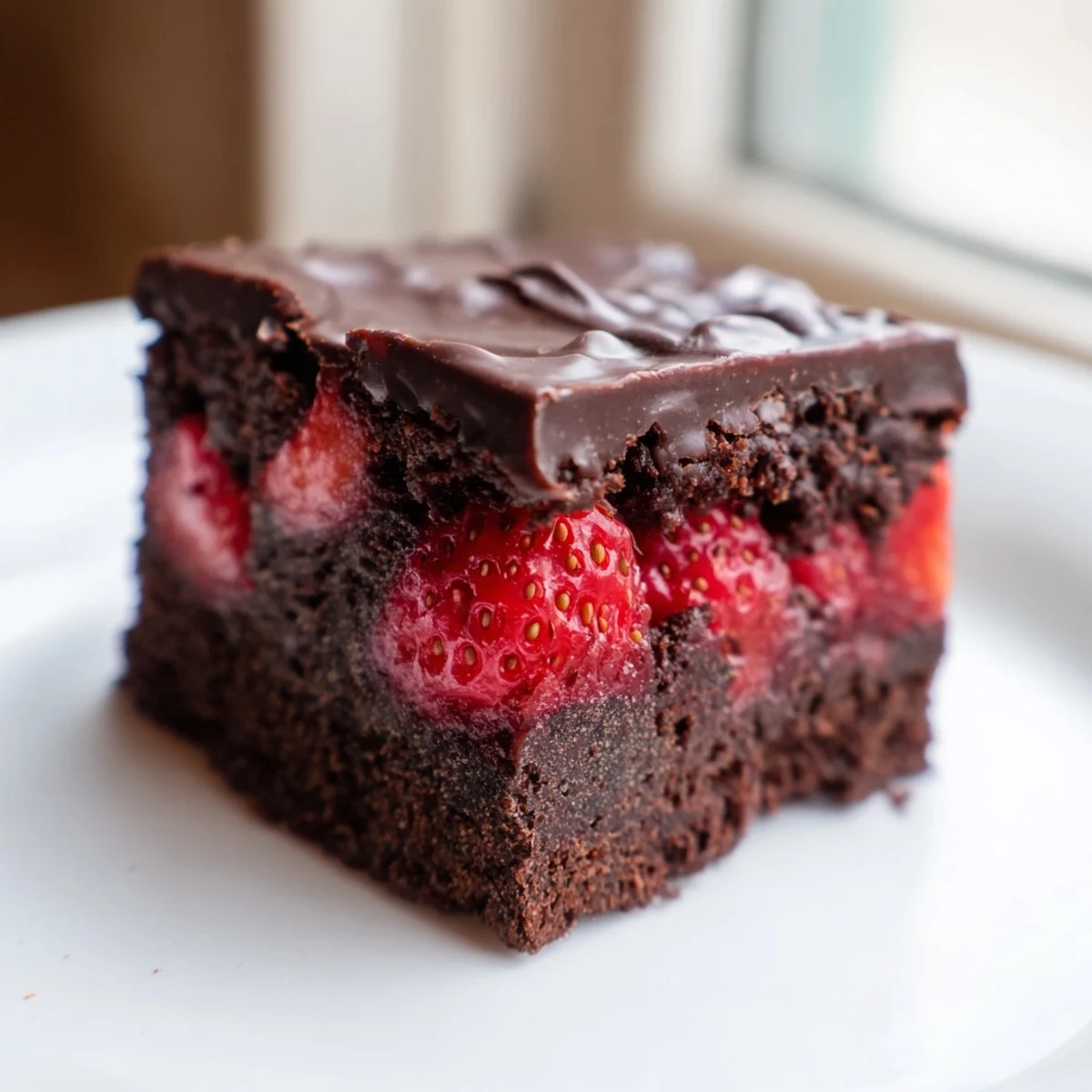Decadent Chocolate Covered Strawberry Brownies topped with juicy strawberries and a dark chocolate shell