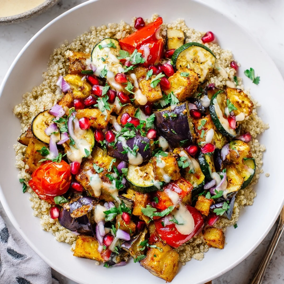 Golden roasted eggplant grain bowl drizzled with creamy tahini dressing and fresh vegetables