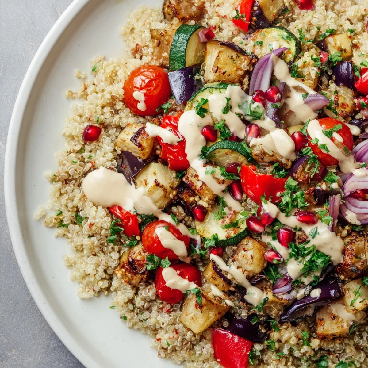 Hearty eggplant grain bowl topped with pomegranate seeds, herbs, and a smooth tahini drizzle