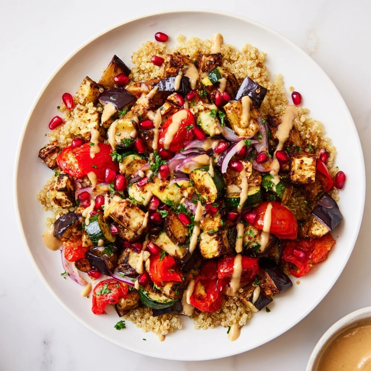 Colorful eggplant grain bowl featuring tender spiced vegetables and bright lemon tahini sauce