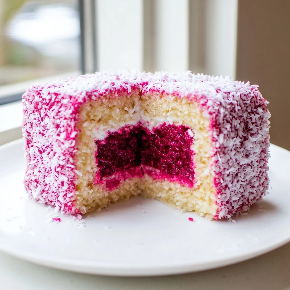 Tender raspberry lamingtons squares nestled on a plate dusted with powdered sugar