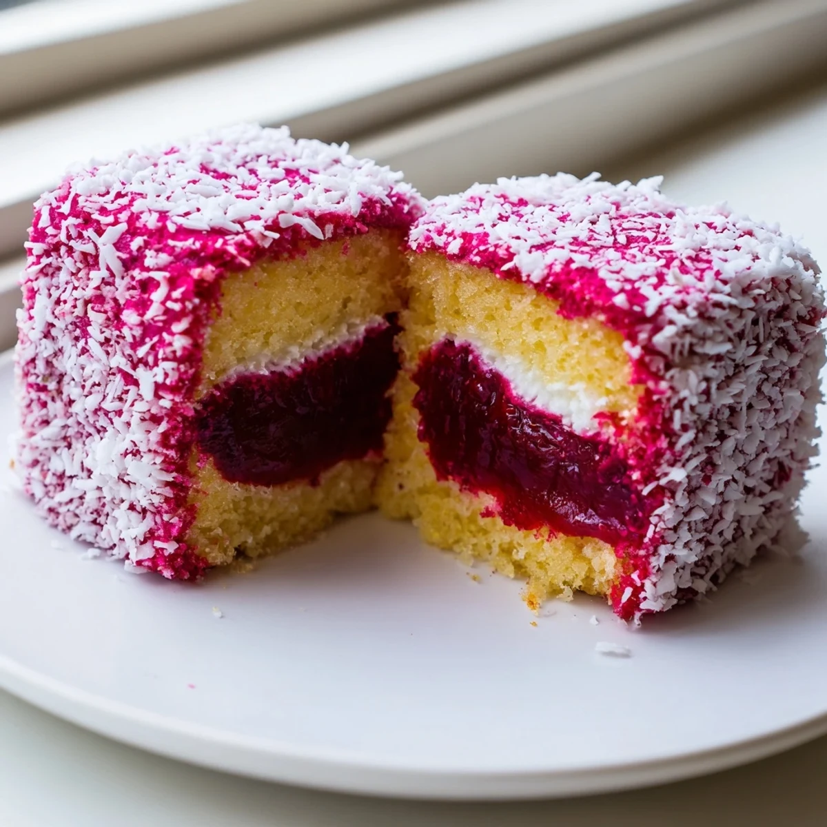Pink raspberry lamingtons coated in fluffy coconut on a rustic wire rack