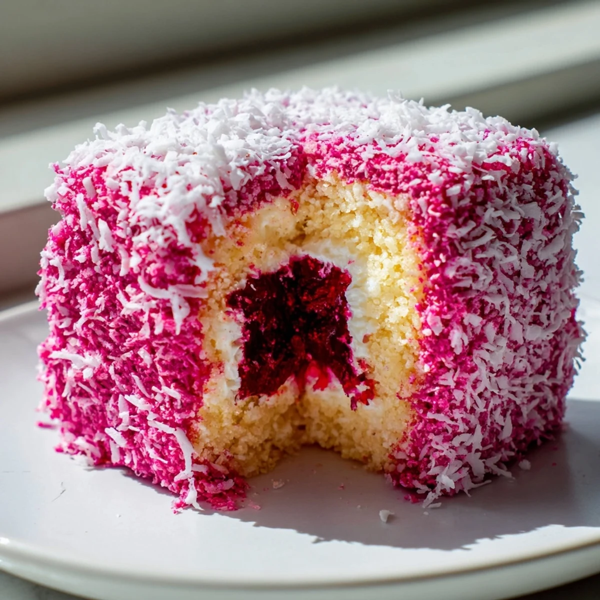 Golden sponge cake squares dipped in bright raspberry glaze and rolled in shredded coconut
