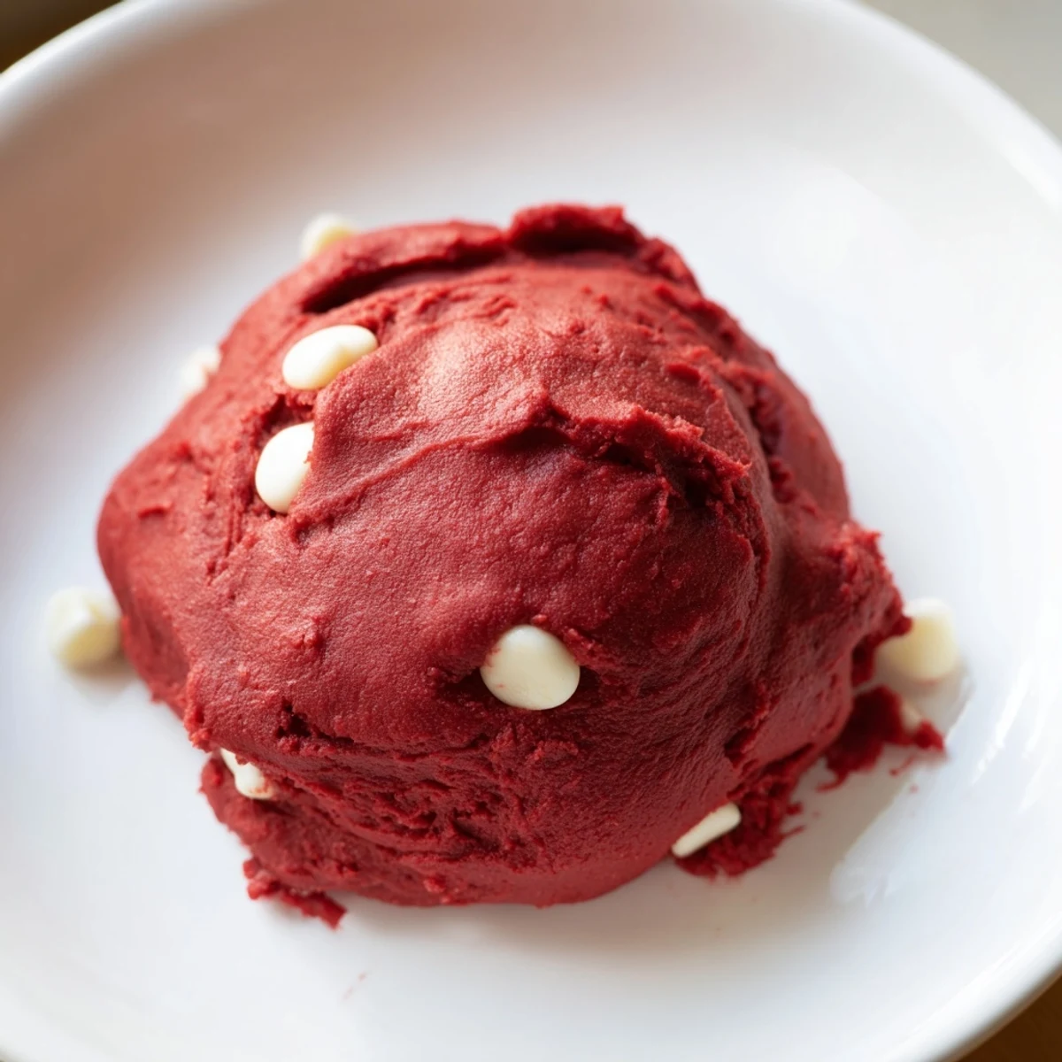 Creamy red velvet cookie dough studded with white chocolate chips in a rustic bowl