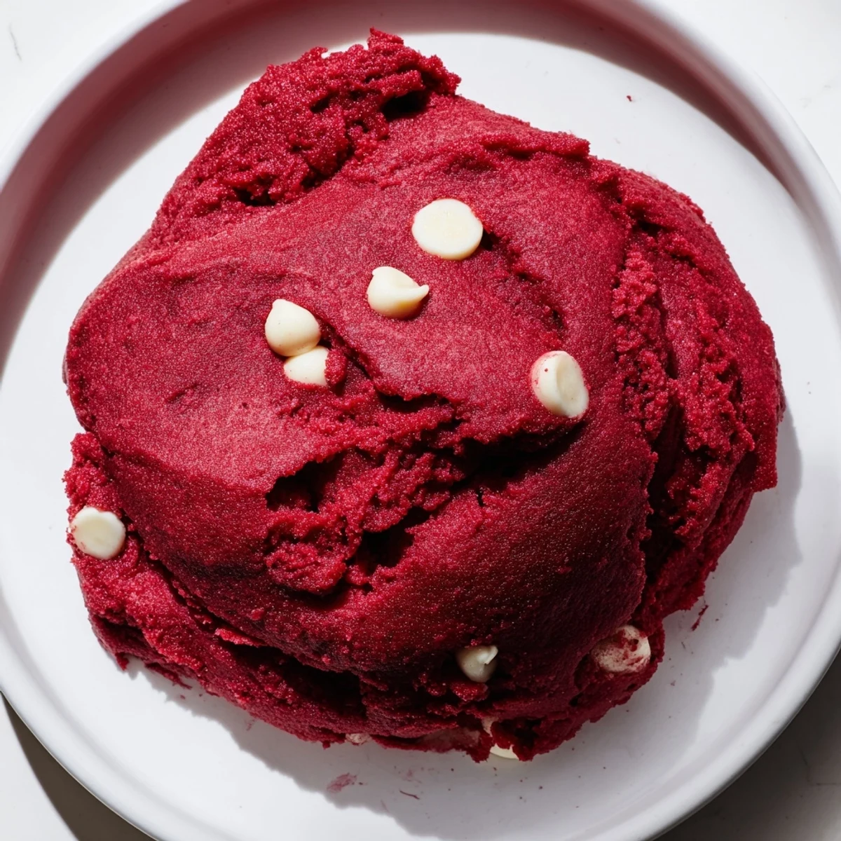 Rich red velvet cookie dough swirled with mini chocolate chips ready for indulgent snacking