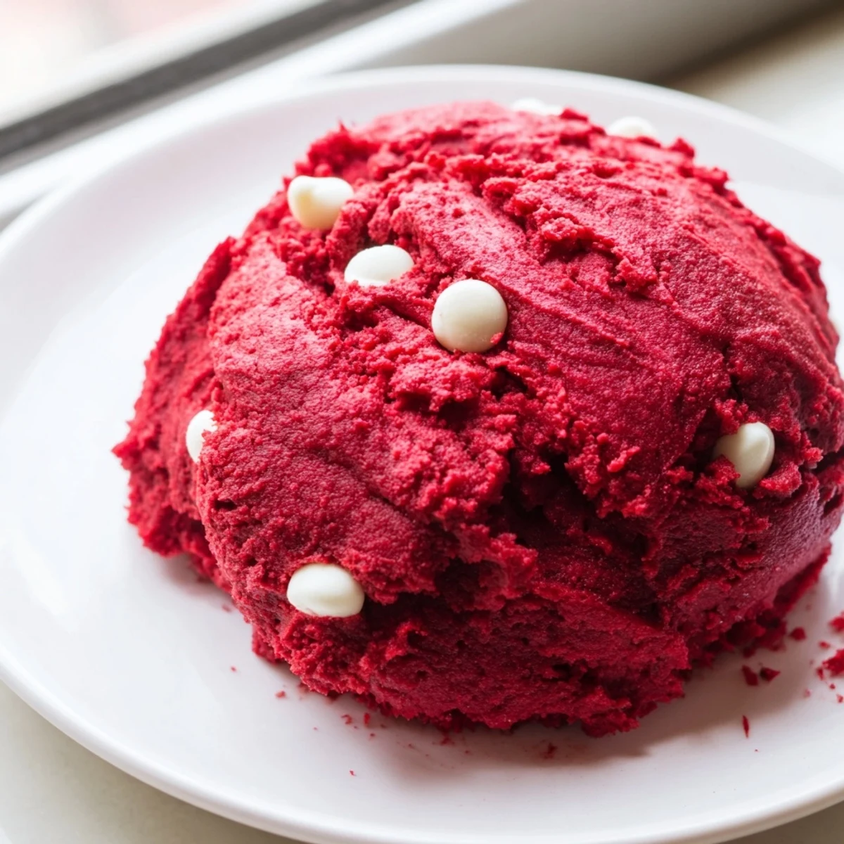 Vibrant red velvet cookie dough scooped into bite-sized balls on a marble surface