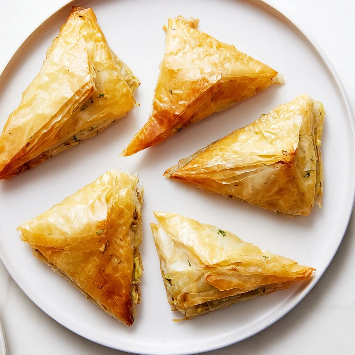 Crispy triangular artichoke and Graviera filo puffs arranged on a white serving platter