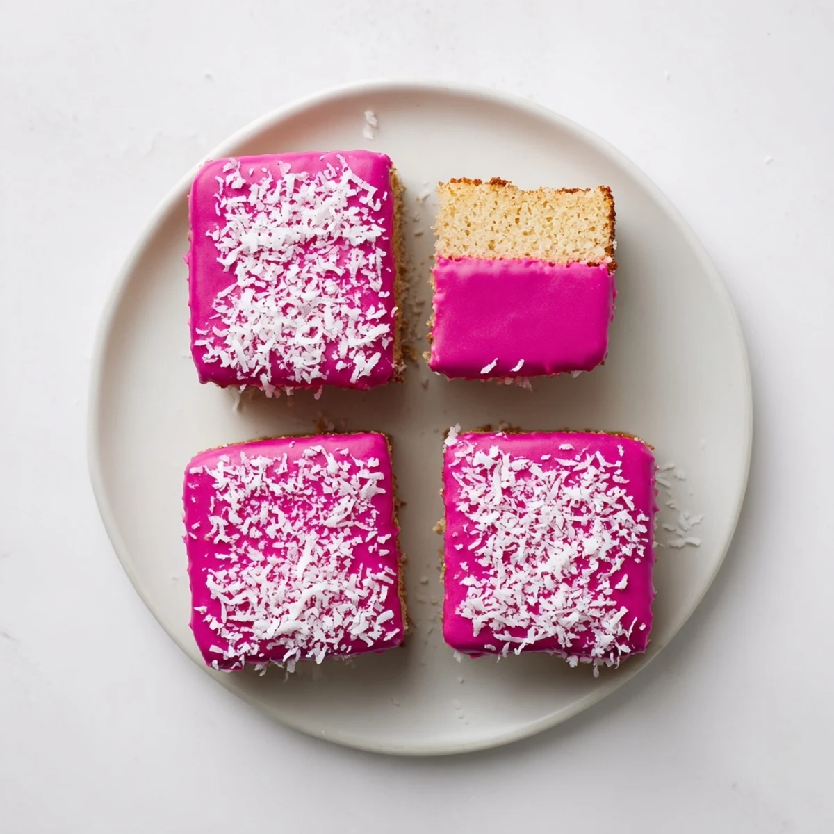 Bright pink raspberry lamingtons coated in fluffy coconut on a rustic wire rack