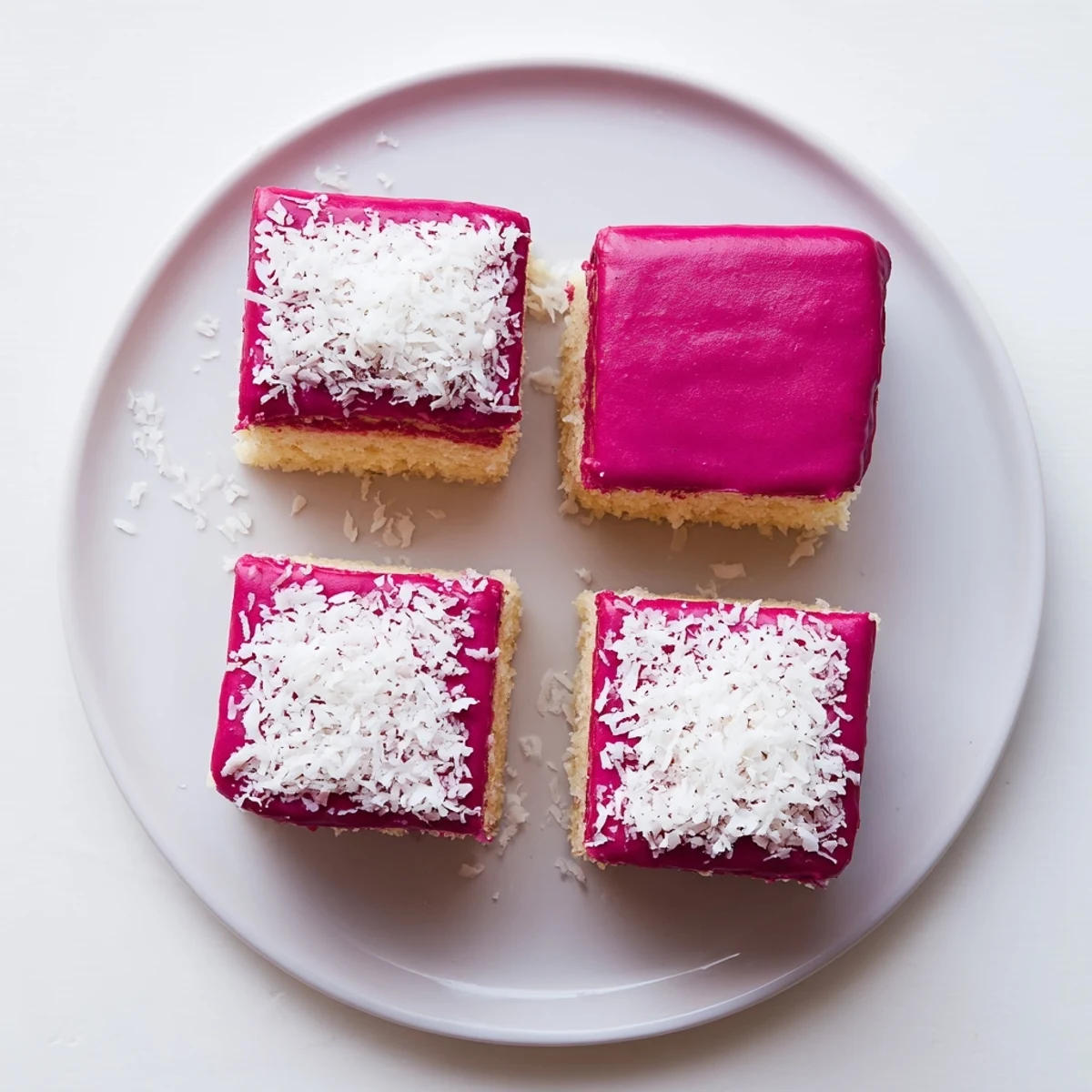 Golden sponge squares dripping with vivid raspberry icing and rolled in sweet coconut