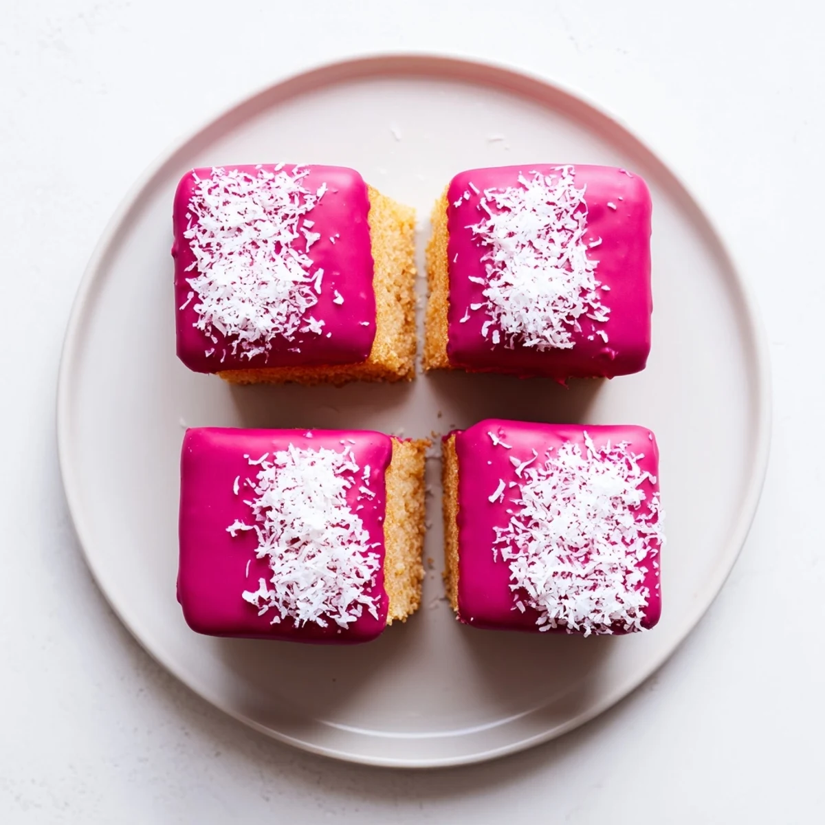 Homemade raspberry lamingtons arranged on a pastel plate for a festive afternoon dessert