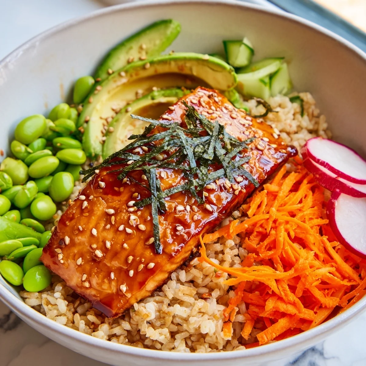 Hearty miso salmon grain bowl served over brown rice with crisp radishes and shaved carrots