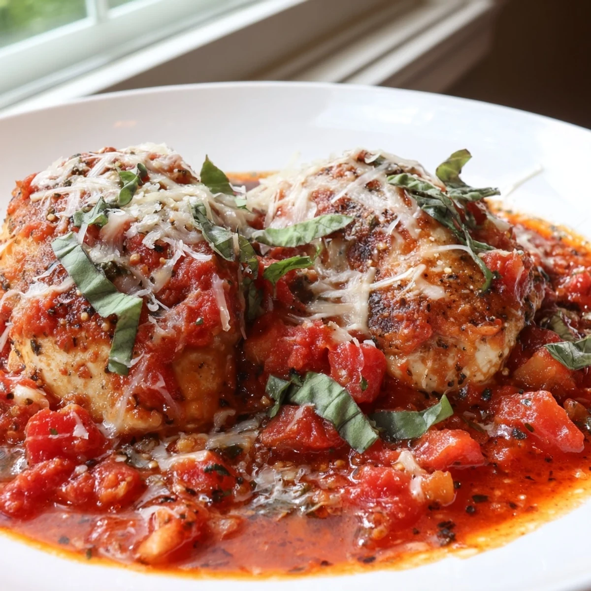 Tender chicken pomodoro delight topped with melted Parmesan and fresh basil
