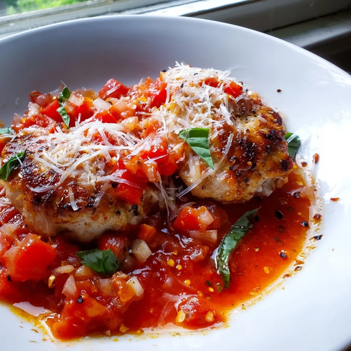 Golden seared chicken pomodoro delight nestled in rich tomato basil sauce