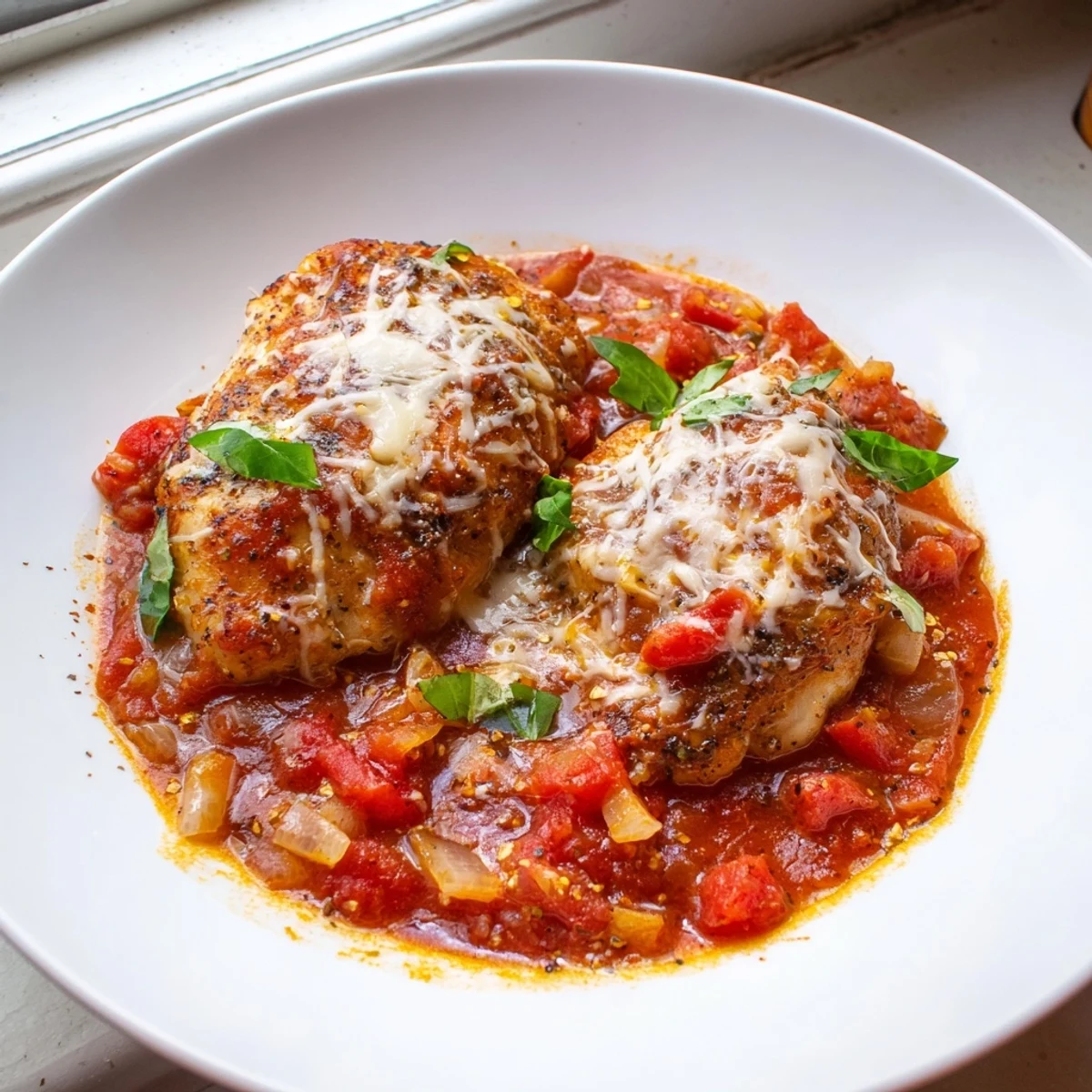 Chicken pomodoro delight simmering in vibrant crushed tomato sauce with herbs