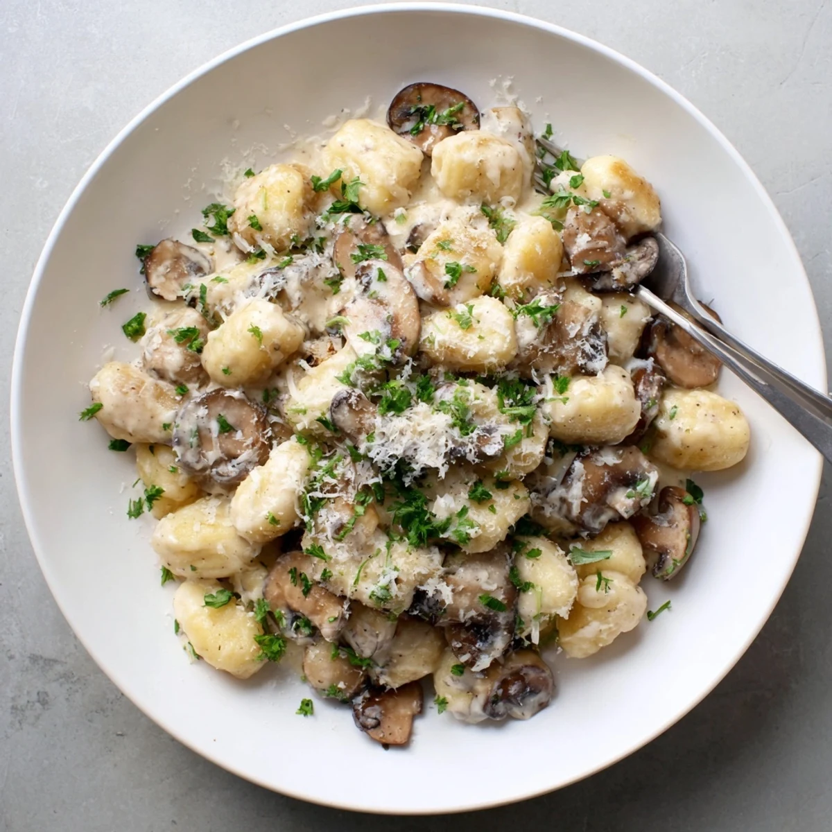 Golden brown mushroom gnocchi swimming in a rich white cream sauce with fresh parsley garnish